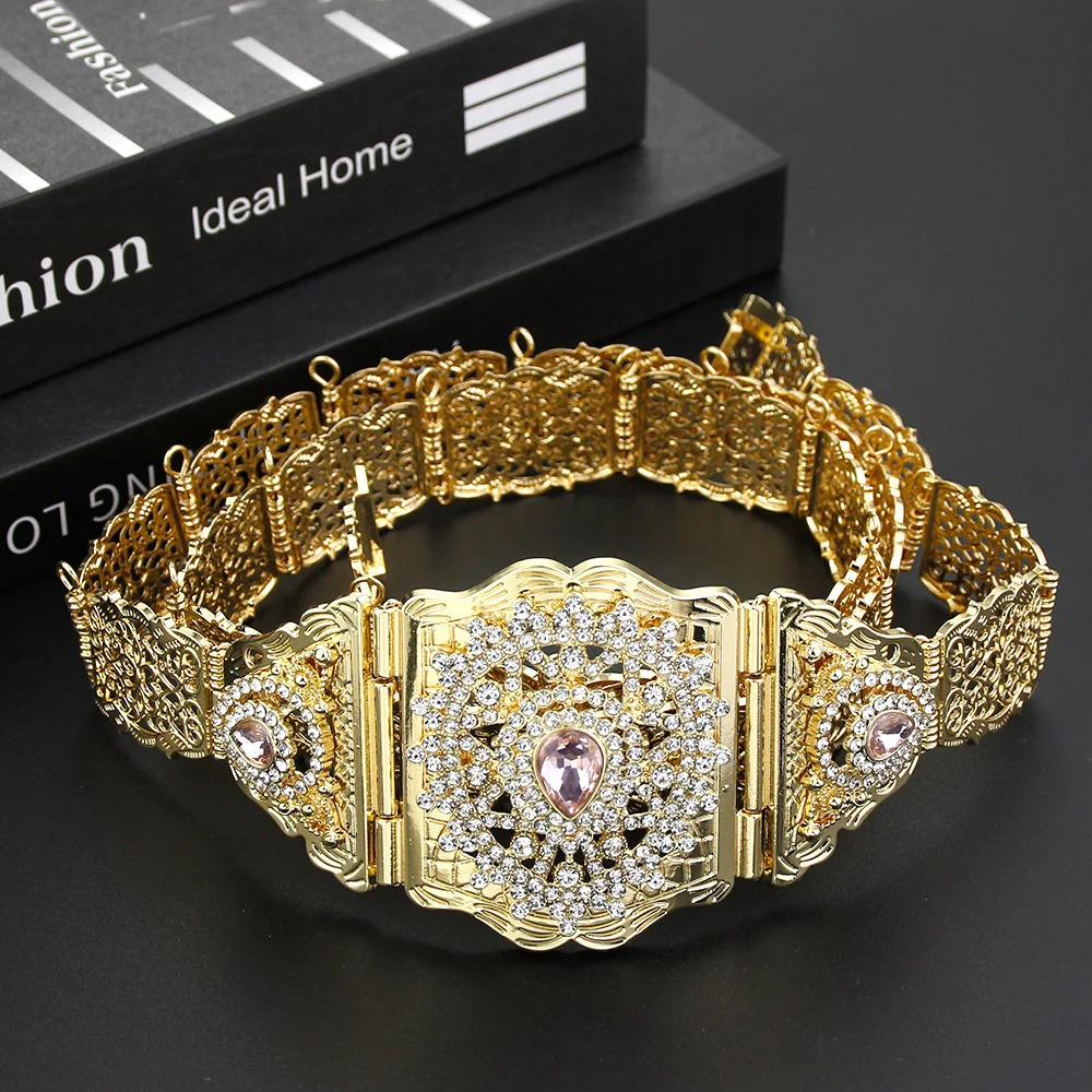 Sunspicems Chic Morocco Caftan Belt for Women Gold Color Arabian Waist Chain Belt Crystal Bride Wedding Jewelry Body Chain 250121