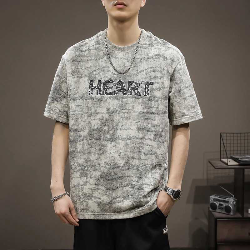 2024 Summer New Round Neck Heavyweight T-shirt Mens American Retro distressed Washed Cotton Fashion Trend Letter Embroidery TopXJ250117