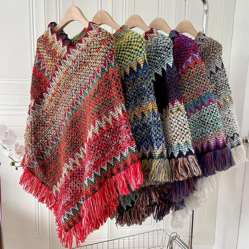 Autumn Knitting Cotton Shawl Ethnic Scarf Striped Tassel Poncho For Women Pashmina Keep Warm Travel Shawls Headband 65*70cm 250120