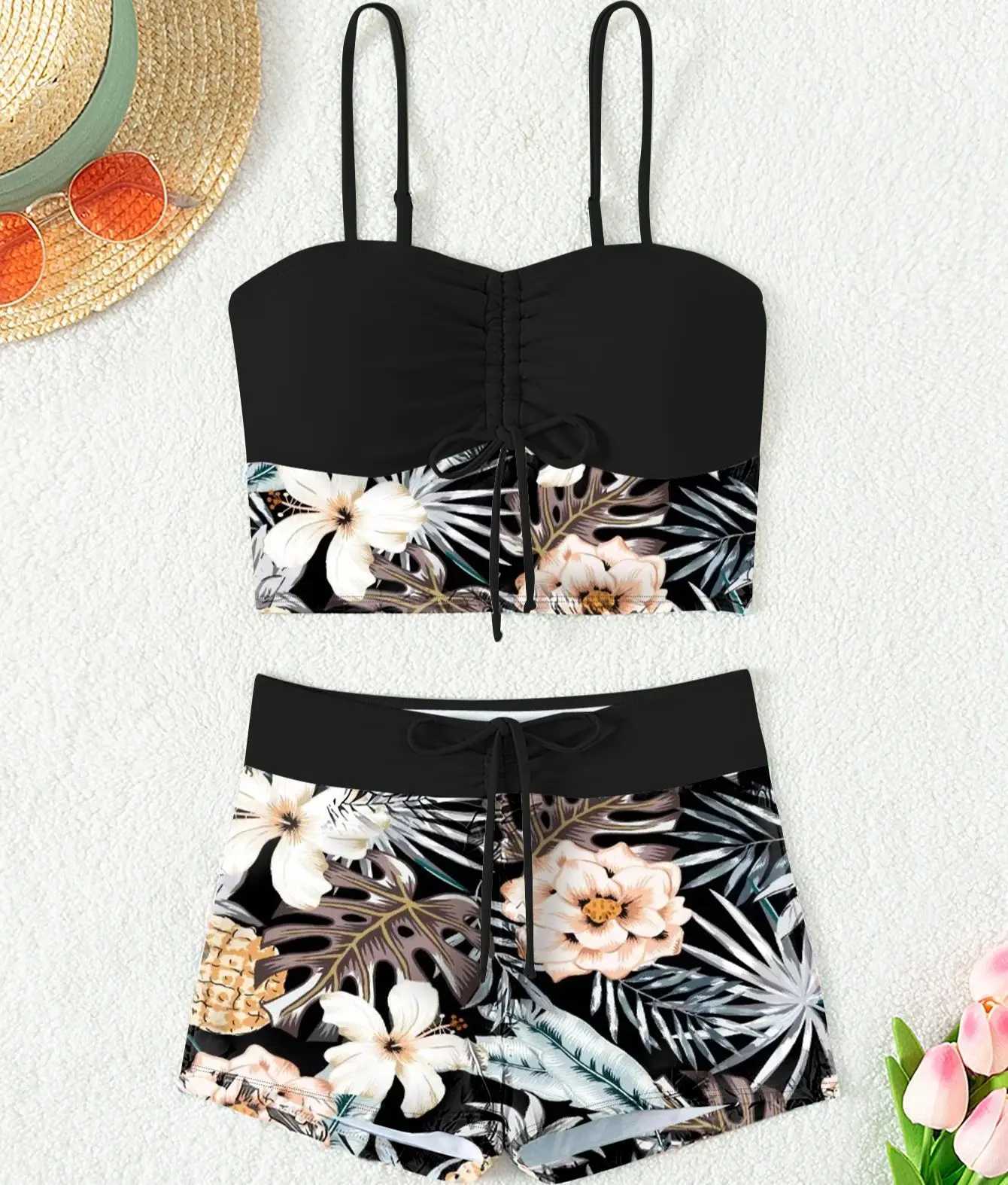 Printed Flower Tankini Set Girl Swimwear Adjustable Strap Vest Bra Fe Flower Shorts Bikini Drstring Women Beach SetXJ250120