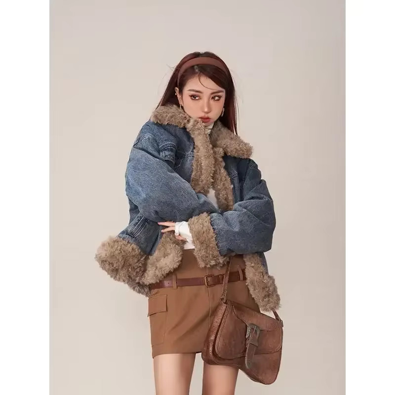 Fashion Furry Splicing Denim Jacket For Winter Polo Neck Loose And Thick Trendy Cotton Quilted Coat Women Clothing