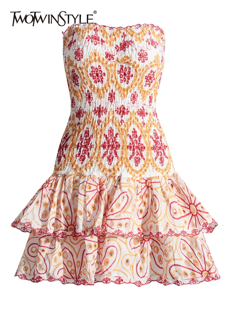 TWOTYLE Hit Color Print Dresses For Women Halter Sleeveless High Waist Folds Tierred Dress Female Fashion Clothing 250120