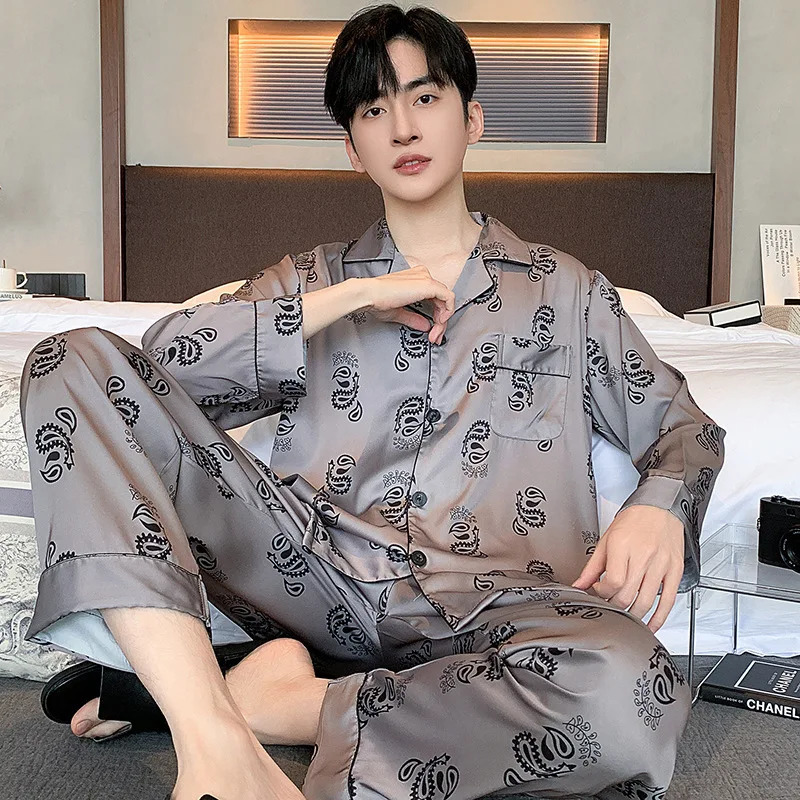 High Quality Satin Pajamas Suit Men Spring Autumn Ice Silk Long Sleeve Sleepwear Set Summer Comfy Classic Nightcloth Male 250122