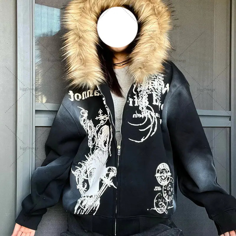 High Street Trendy Y2K Streetwear Jacket Gothic Punk Printed Fur Collar Zipper Hoodie Women Casual Loose Sweatshirt 250122