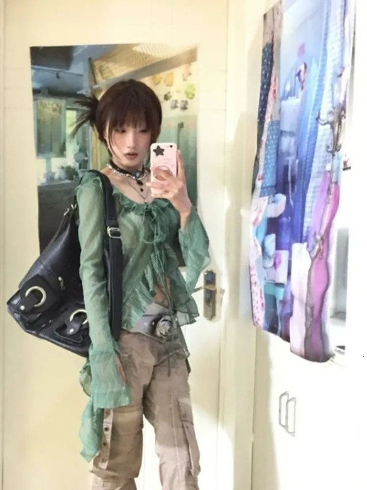 Elegant Vintage Ruffles Lace Up Green Cardigan 2025 Irregular Slim Fit Tops Women Y2k Long Sleeve Thin Blouses Womens Shirts 250122