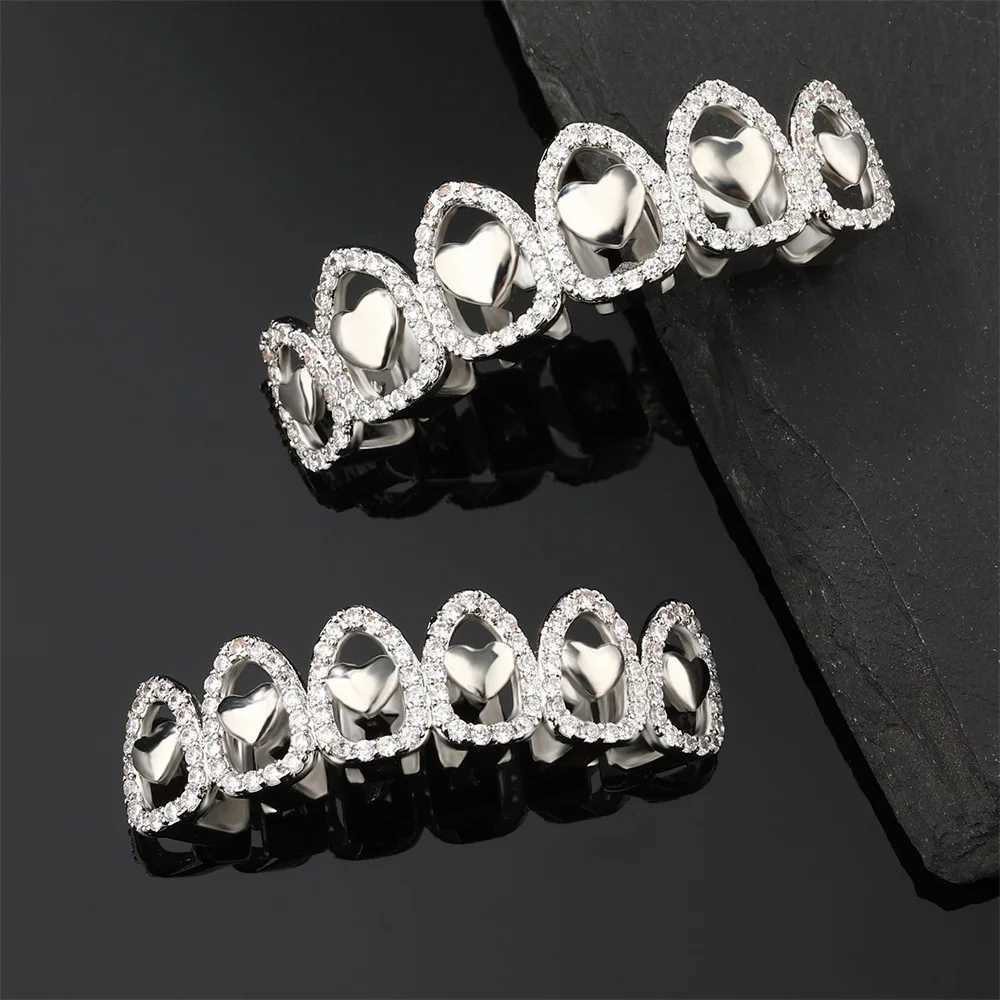 RACHELZ Hip Hop CZ Stone Heart Hollow Teeth Grillz Braces 6/6 Top Bottom Cubic Zircon Tooth Caps For Women Men Jewelry GiftXJ250114