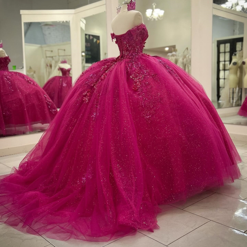 Rose Red Quinceanera Dresses Ball Gown Off The Shoulder Applique Lace Beading Crystal Tull Party Birthday Sweet 16 Dress Vestidos De 15 Anos