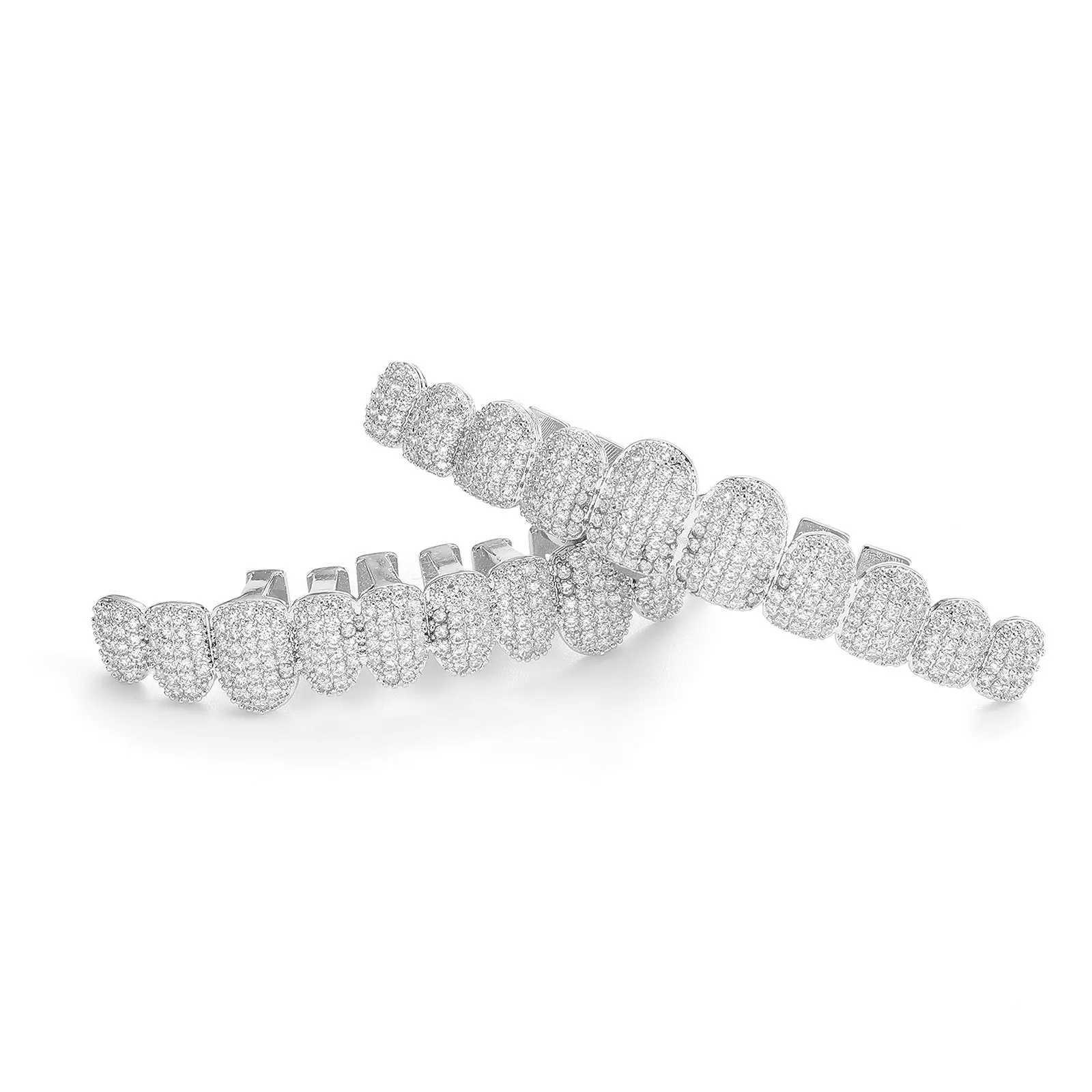 Hip Hop Full Iced Out Long CZ Stones Teeth Grillz Caps Cubic Zircon Top Bottom Charm Grills Set For Men Women Jewelry GiftXJ250114