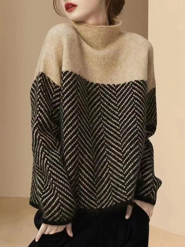 Contrast Color Turtleneck Sweater Women Autumn Winter Fashion Knitwear Long Sleeve Tops All Match Loose Thickened Jumper 250114