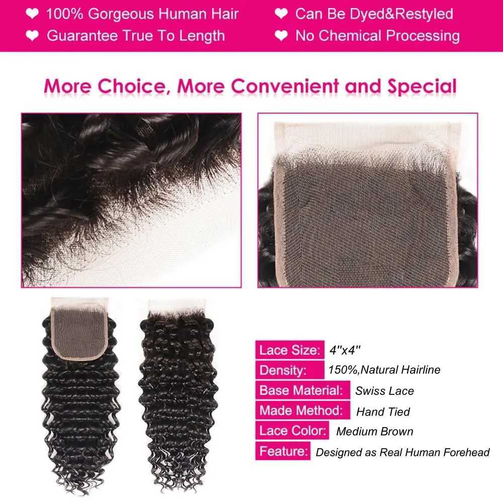 Human Hair Bundles with Clo Deep Wave 3 Bundles with 4x4 HD Lace Clo Brazilian Virgin Hair Weft Human Hair Natural ColorXJ250120