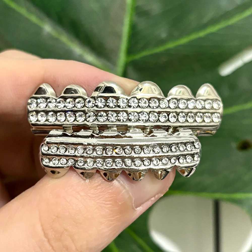 RACHELZ Hip Hop CZ Stone Teeth Grillz Caps 14K Gold Plated Double Row Cubic Zircon Tooth Grills For Women Men Jewelry GiftXJ250114