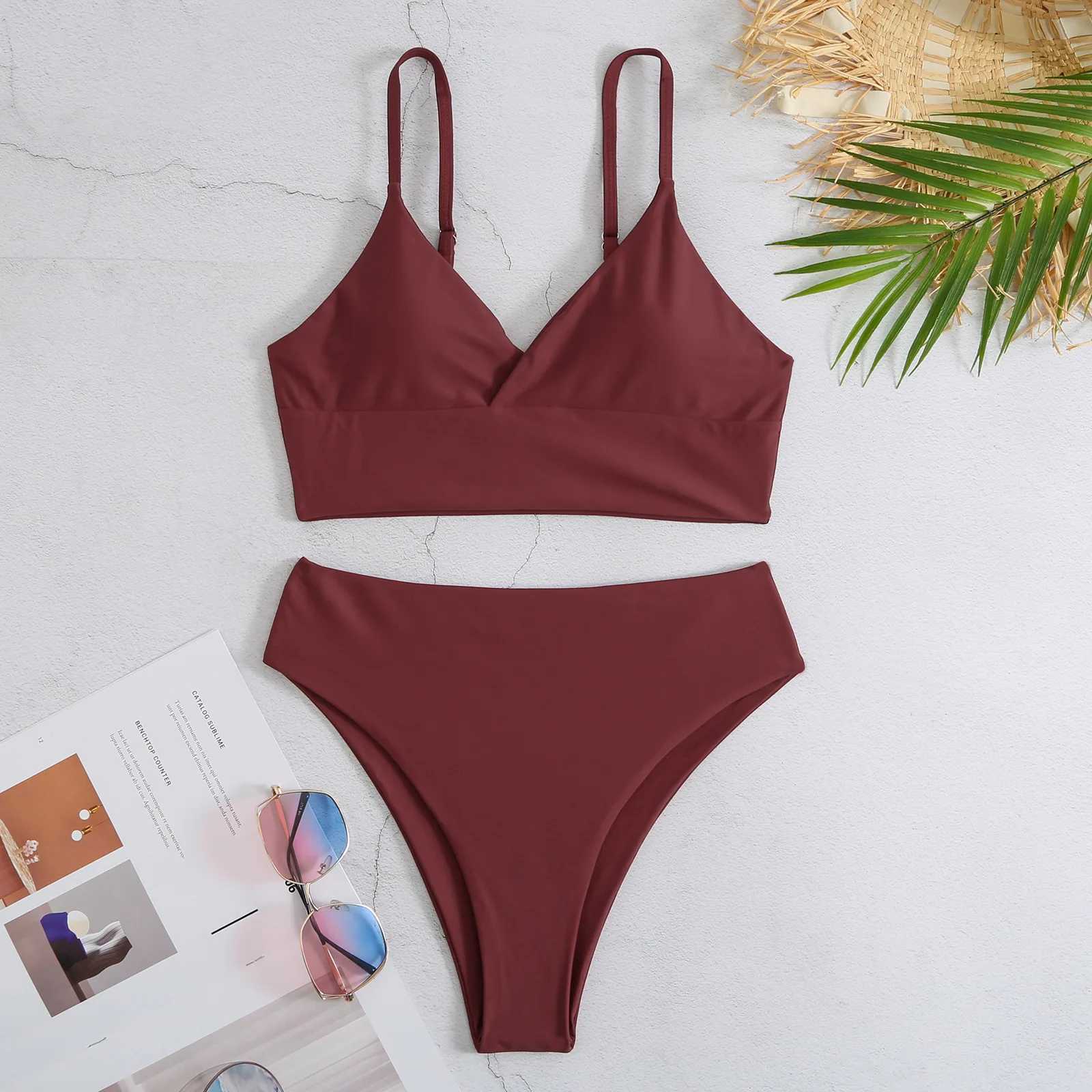High Waist Bikinis 2023 Women Solid Strape Swimsuit Fe Padded Swimwear Bathers Bathing Swimming Swim Suit Summer BeachwearXJ250120