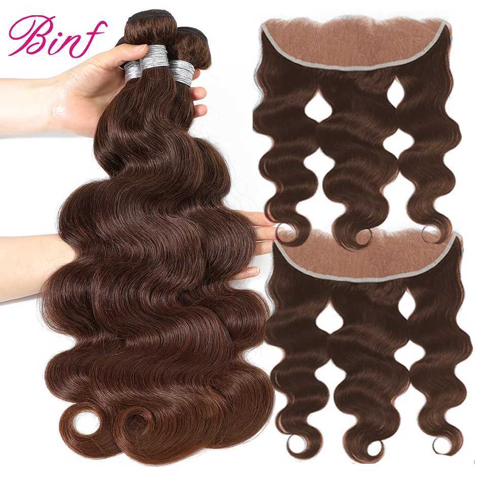 Wholesale #4 Brown Colored Body Wave Bundles With Clo Brazilian Human Hair Weave Bundles With HD Lace Clo FrontalXJ250120