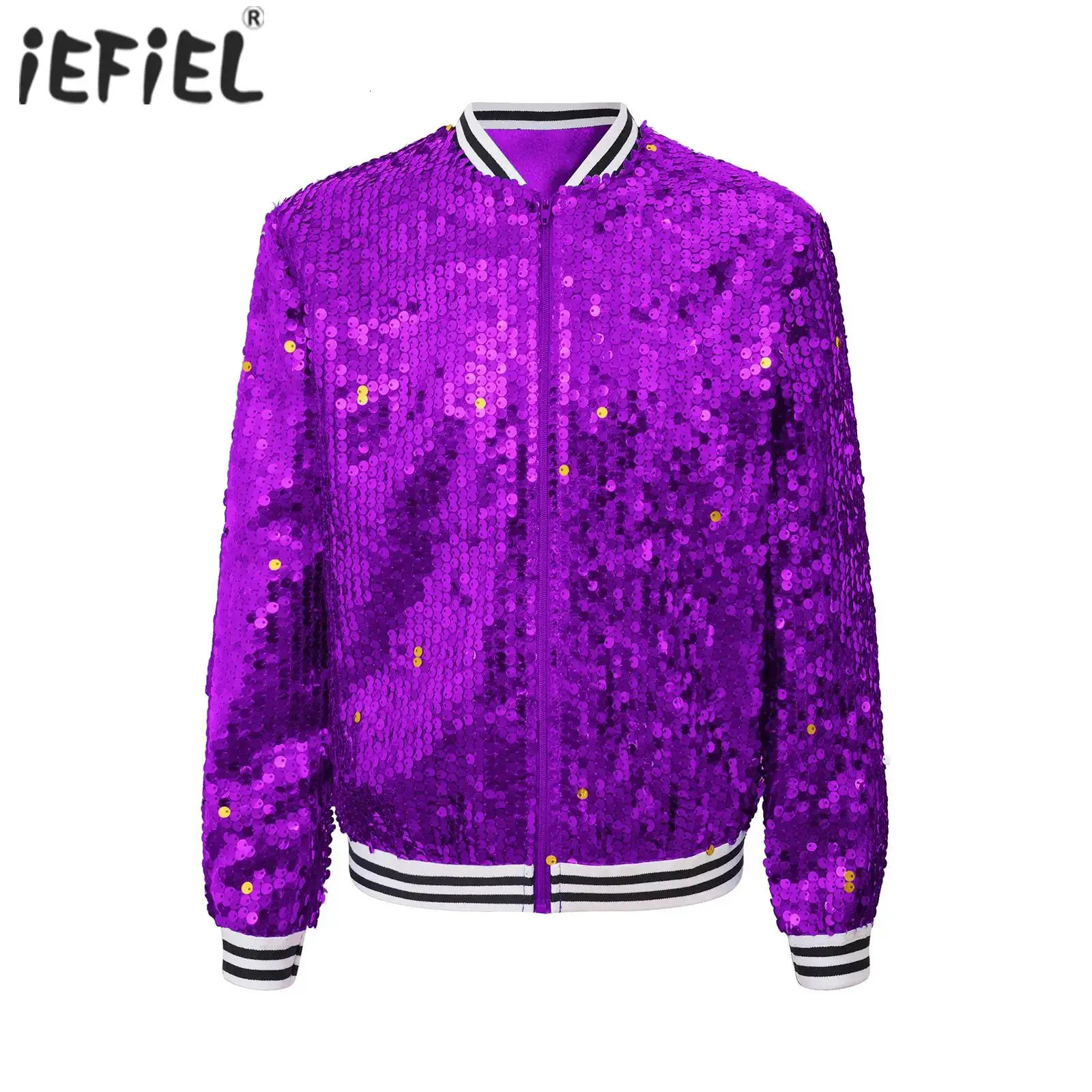 Kids Girls Shiny Sequins Jacket Baseball Coat Long Sleeve Front Zip Up Striped Trim Outerwear Jazz Modern Dancing Party Jackets 250113