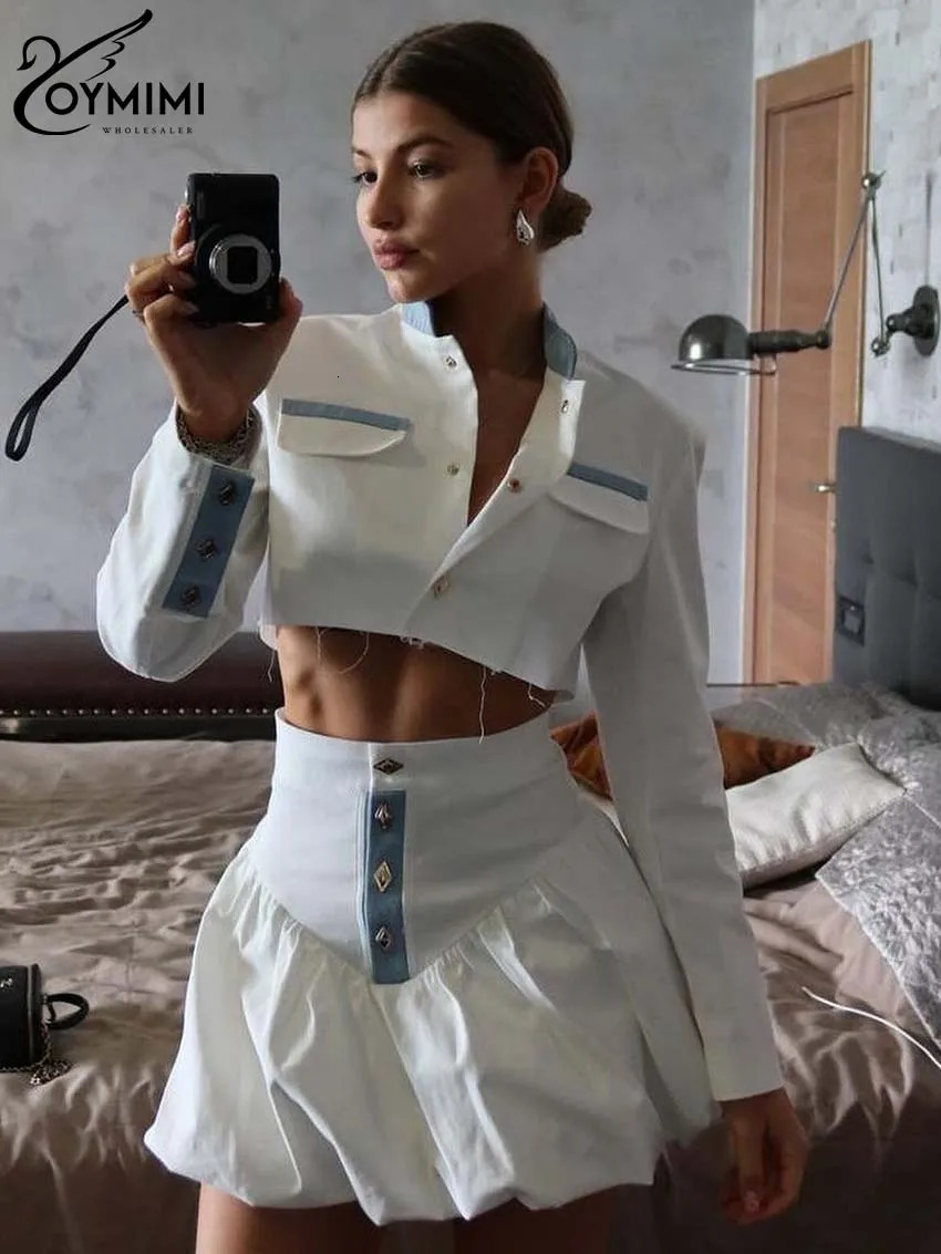 Oymimi Fashion Black Patchwork Two Piece Set For Women Casual Long Sleeve Button Pockets Crop Shirts High Waist Mini Skirt Set 250121