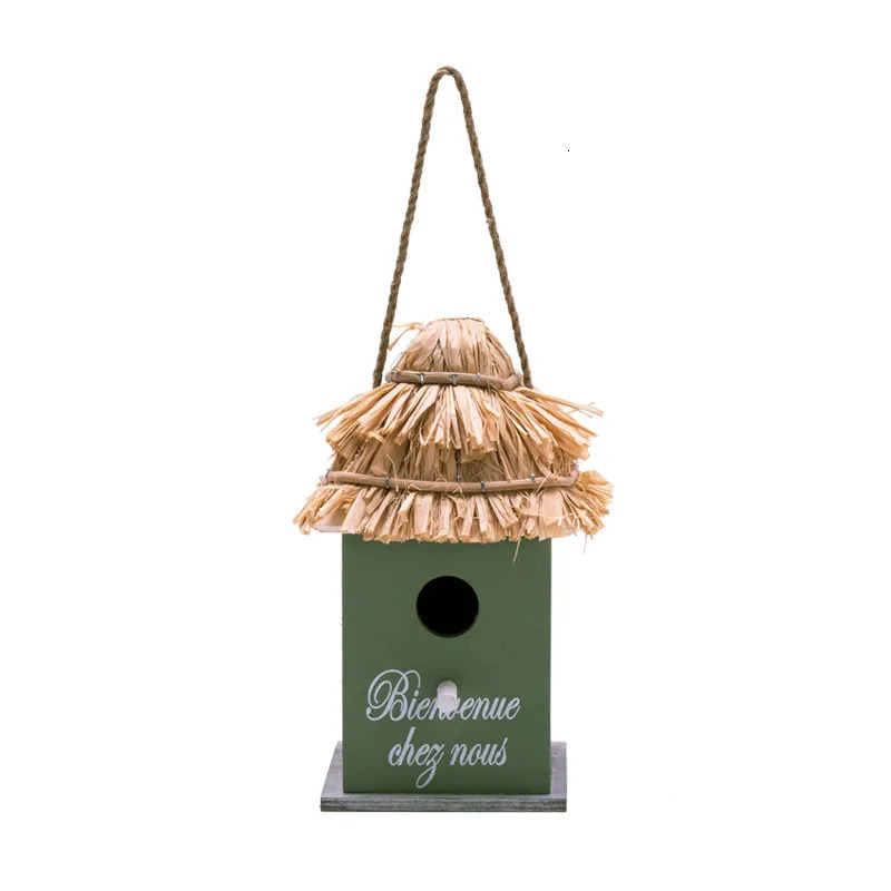 Wooden Bird House for Outdoor Hanging Natural Grass Outside Garden Patio DecorativeFrench font Tropical rainforest retro style 250121