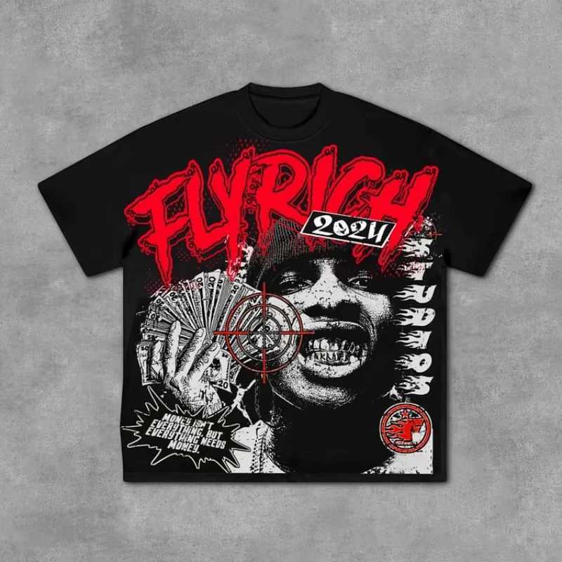 Fly Rich Abstract Human Face Graphic 100% Cotton T-Shirt Men Y2K Summer Short Slves Oversize Tshirt Strtwear Women Tops X250129