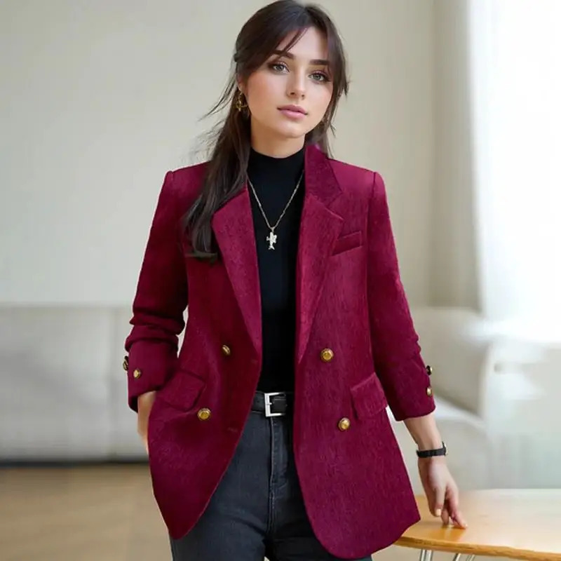 Autumn Winter Thick Blazer Jackets Woman Clothing Turn Down Collar Vintage Coats Outerwears Elegant Ladies Jaqueta Feminina 250106