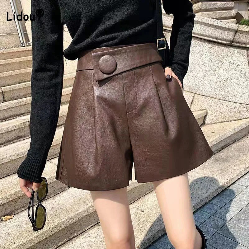 Korean Loose Patchwork Solid Color Leather Shorts Autumn Winter Womens Clothing High Waist All-match Simplicity Pockets Pants 250118