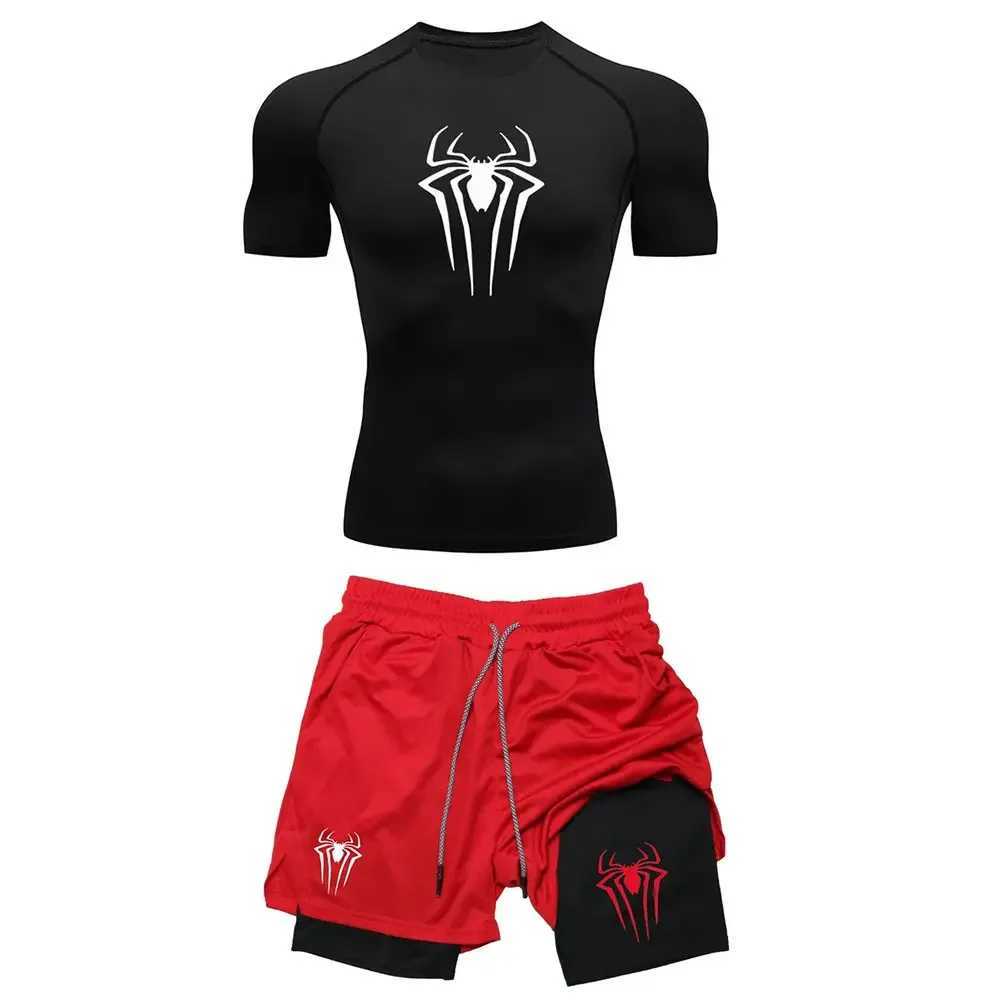 Mens sports compression set Y2K spider print gym T-shirt breathable running shorts quick drying sports protection Rush sportswear set X250129