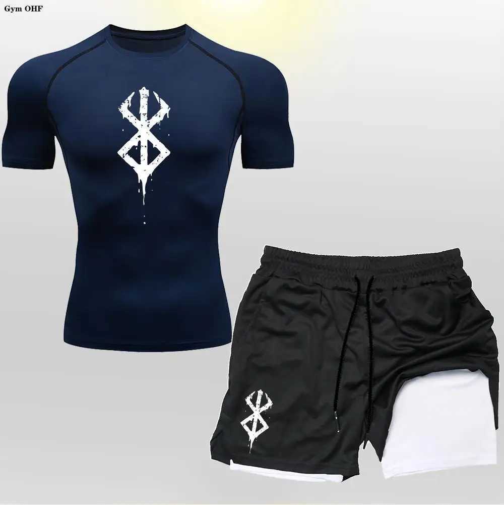 Anime Mens Cycling Sportswear Quick Dry Tight Fitting Sport 2 In 1 Double-Deck Shorts Mens T Shirt Suit Men Gym Running Trained X250129