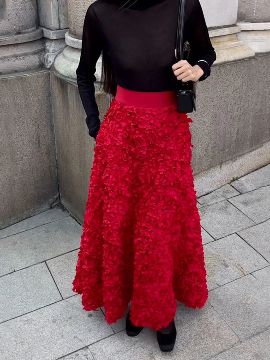 Autumn Flower Petal Long Skirt High Waist Elegant Evening Party Red Maxi Skirt Streetwear Fashion Vintage Faldas Bottom 250118