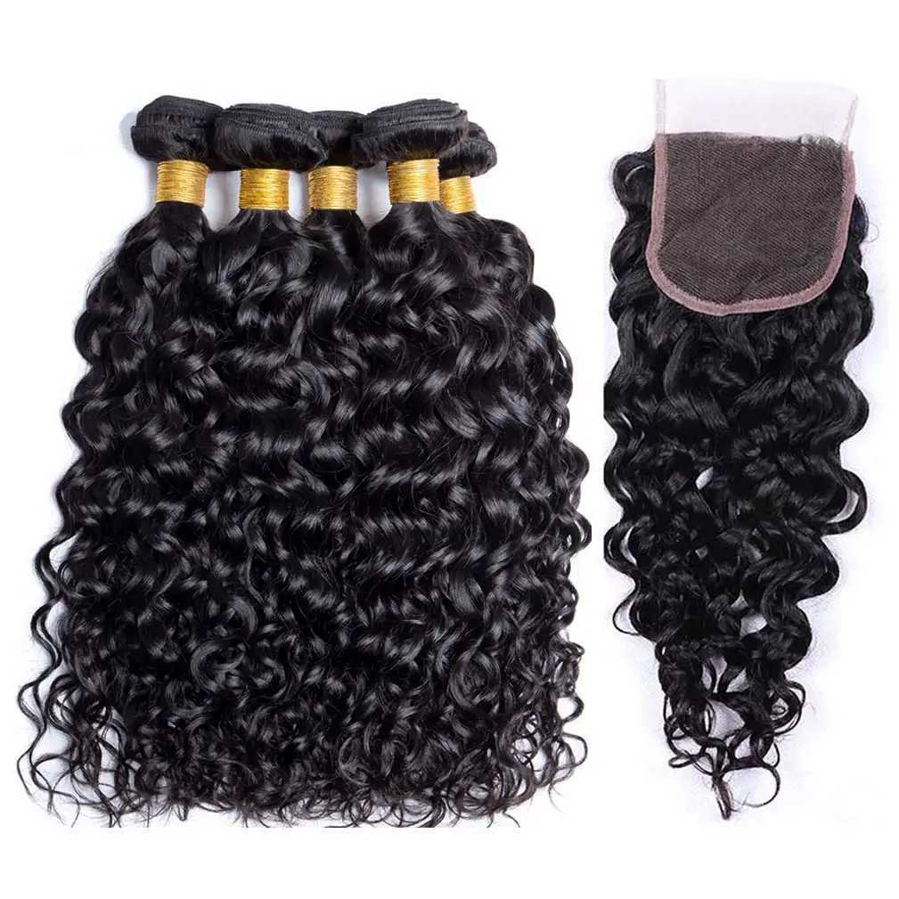 Water Wave Bundles With Clo Brazilian Remy Human Hair Bundles With 4x4 Lace Frontal Clo Curly Wave Human Hair ExtensionsXJ250120