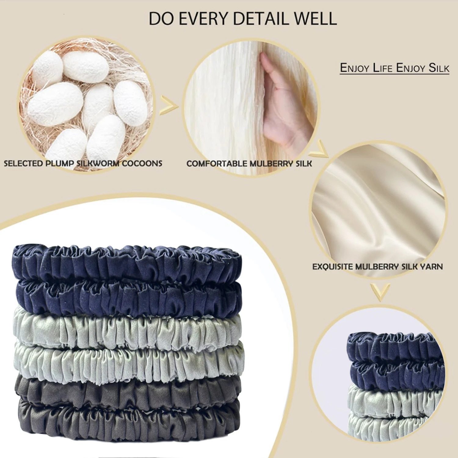 6PCS 100% Pure Mulberry Silk Hair Scrunchie Handmade Hairbands Women Girl Accessories Color Natural HairTies Box 250118