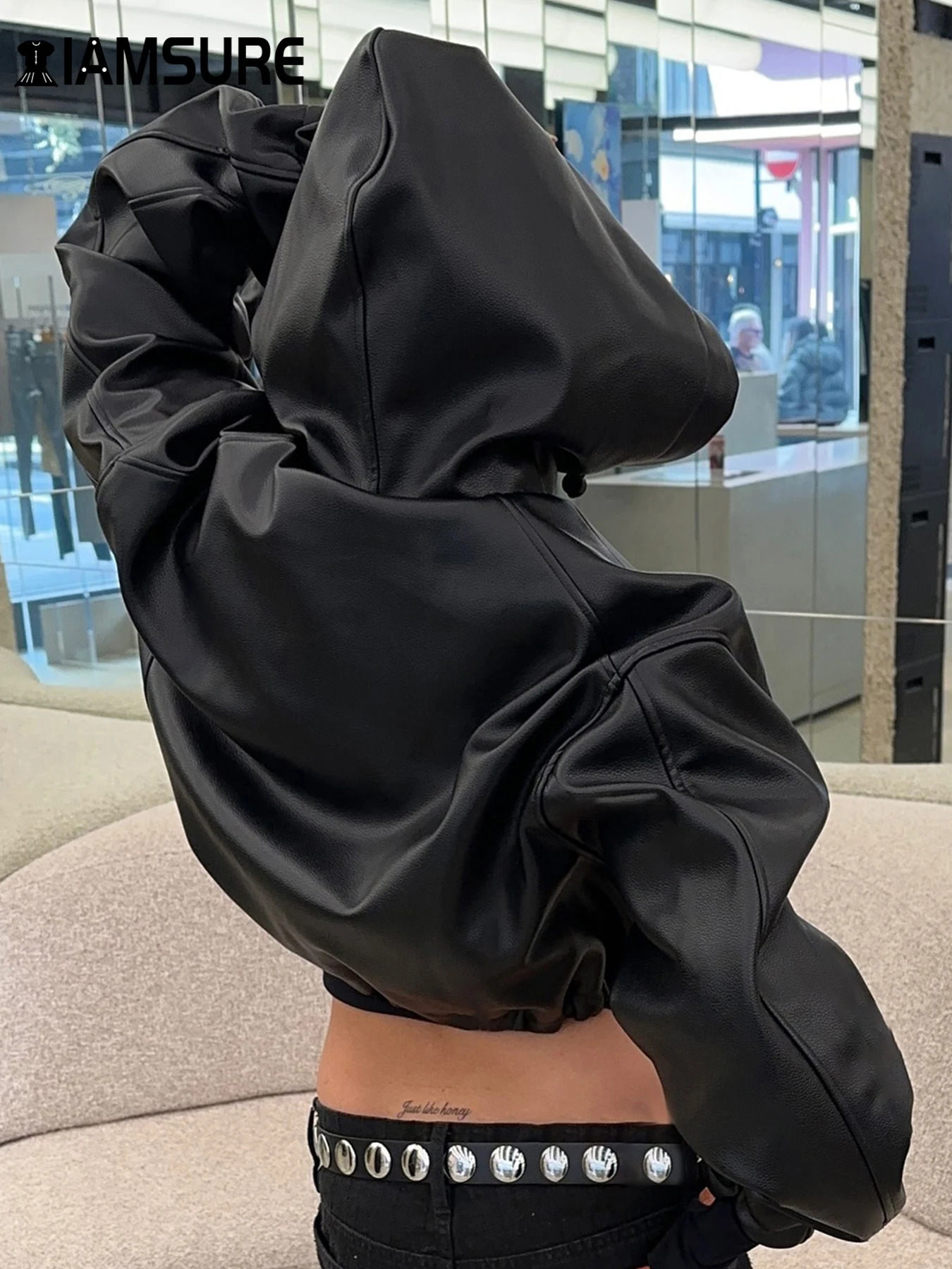 IAMSURE Locomotive Style Pu Leather Cropped Jackets Casual Solid Hooded Long Sleeve Coats Women Winter Fashion Streetwear 250122