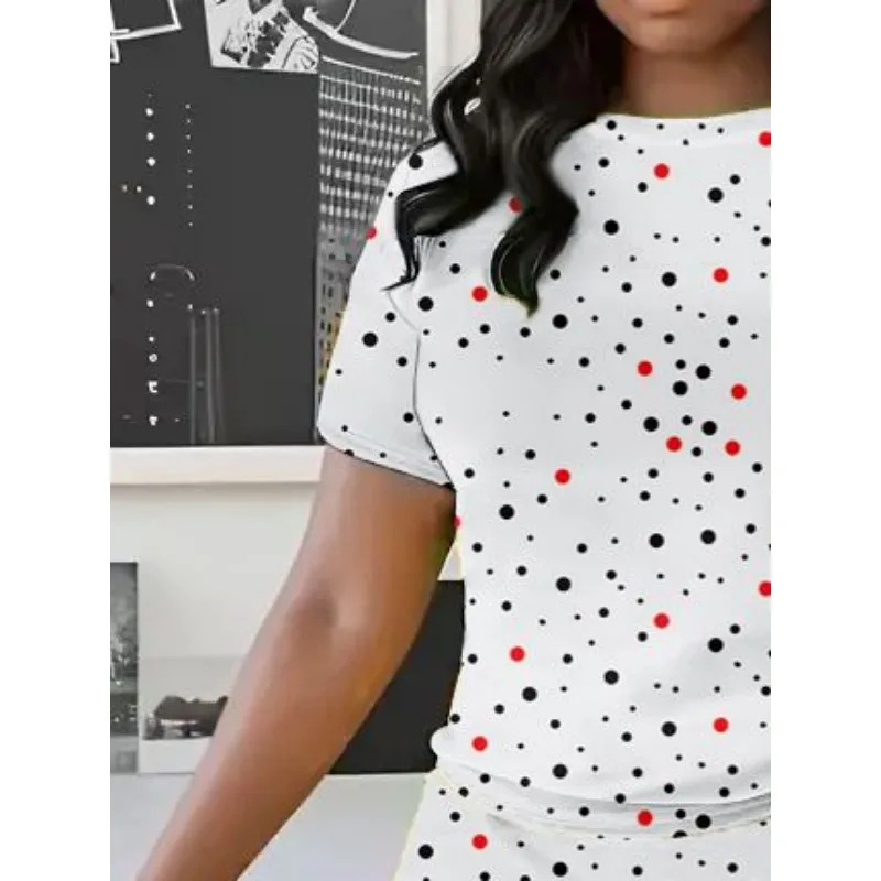 Plus Size Loose Dot Style Printed Casual Commuting Micro Elastic Set Summer Fashion Round Neck Womens Short Sleeve Shorts 250122