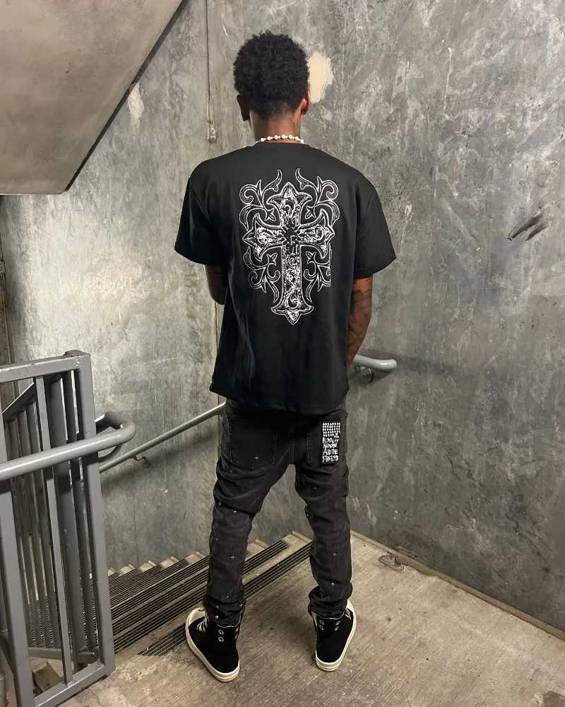 Europe and the United States fashion retro black shirt men y2k street top Harajuku high street couple casual oversized T-shirtXJ250117