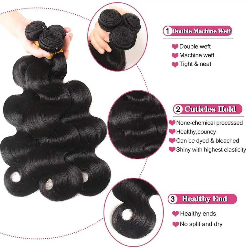 Human Hair Bundles with Clo Body Wave Brazilian Virgin Human Hair Weave 3 Bundles with 4x4 Lace Clo Natural Black ColorXJ250120