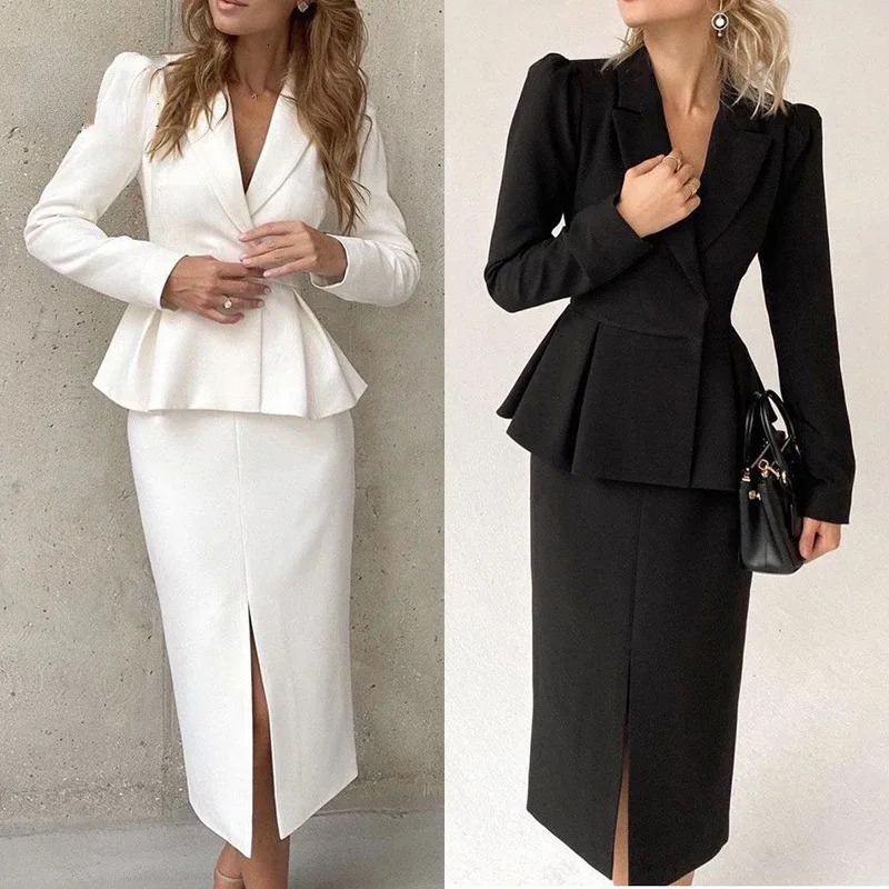 SKMY Autumn Solid Color V-Neck Long Sleeve Midi Skirt Slim Office Ladies Suit Fashion Women Two Piece Set Outfits 250122