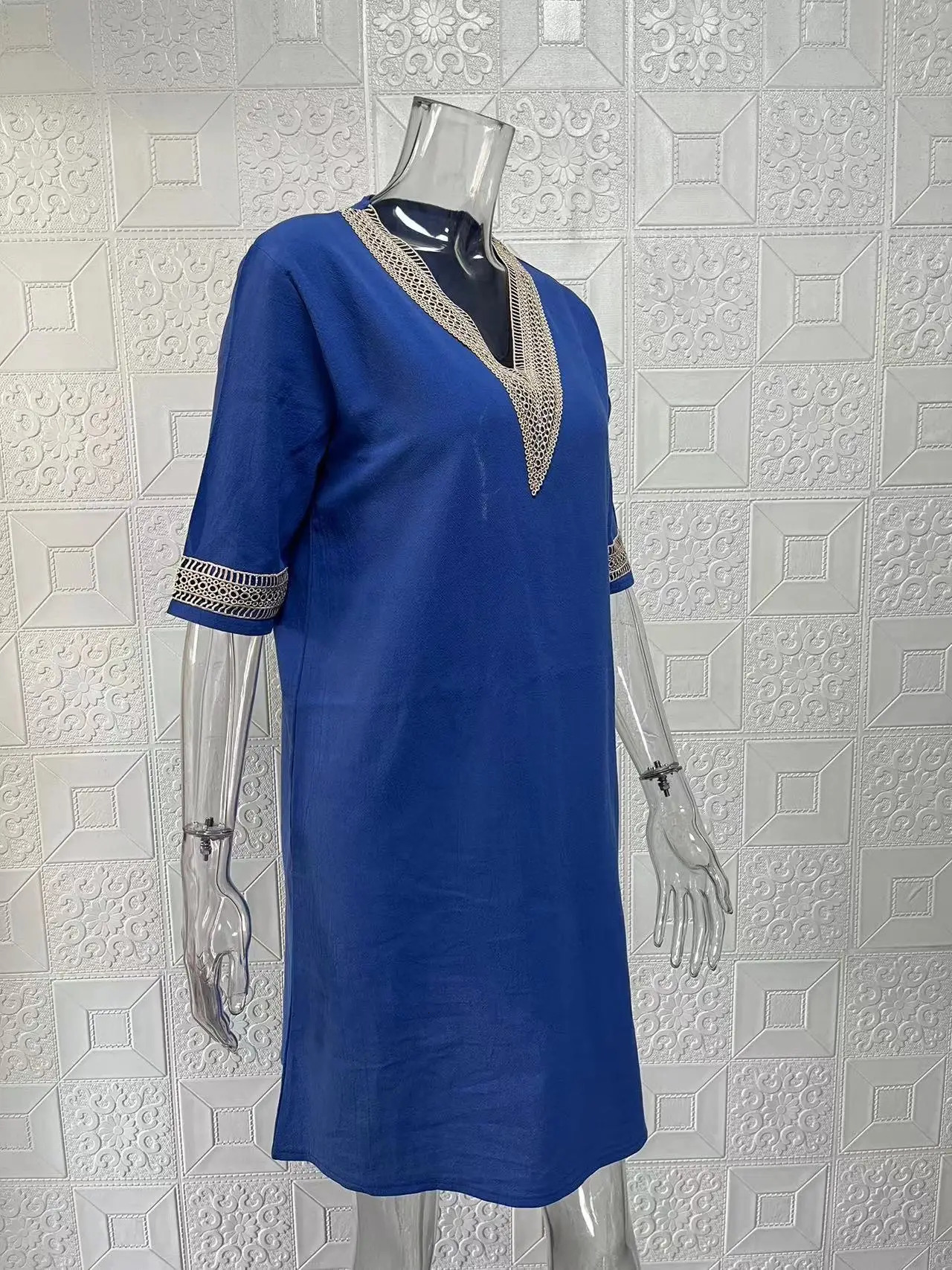 solid color Vneck mid sleeved cotton linen elegant dress 250121