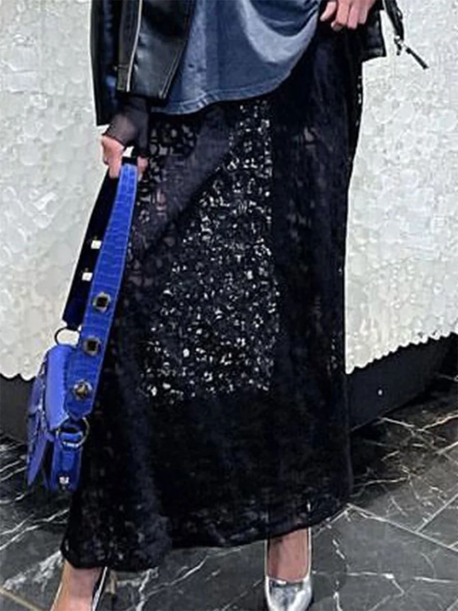 Womens Vintage Lace Jacquard Long Skirts Elegant Loose Low Waist Solid Color SeeThrough Midi Fit Y2K Streetwear 250110Z