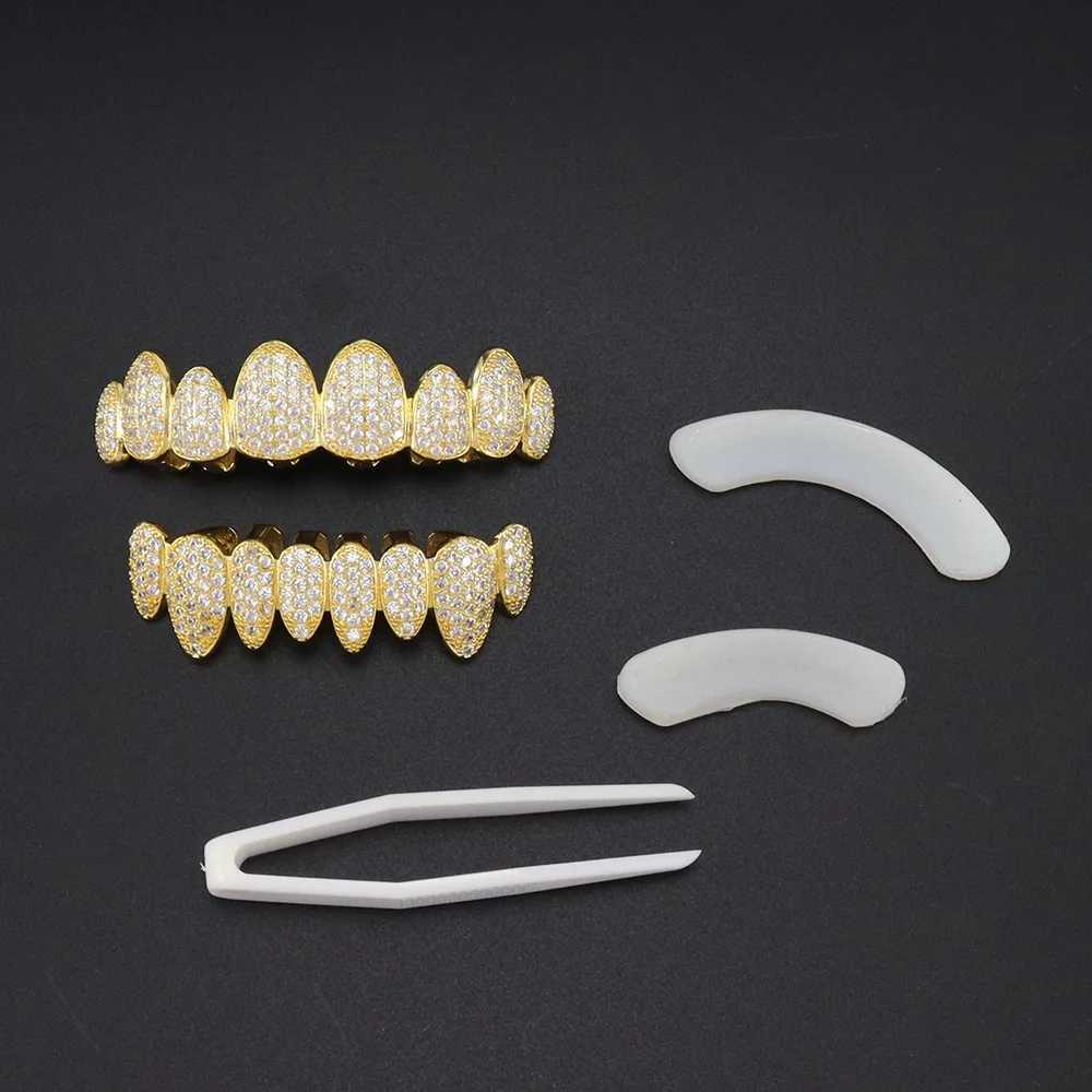 1set Hip Hop Iced Out Teeth Grillz Gold Plated Dental Grills Rock Tooth Grillz Caps Crystal Teeth Caps Halloween Tooth GiftXJ250114