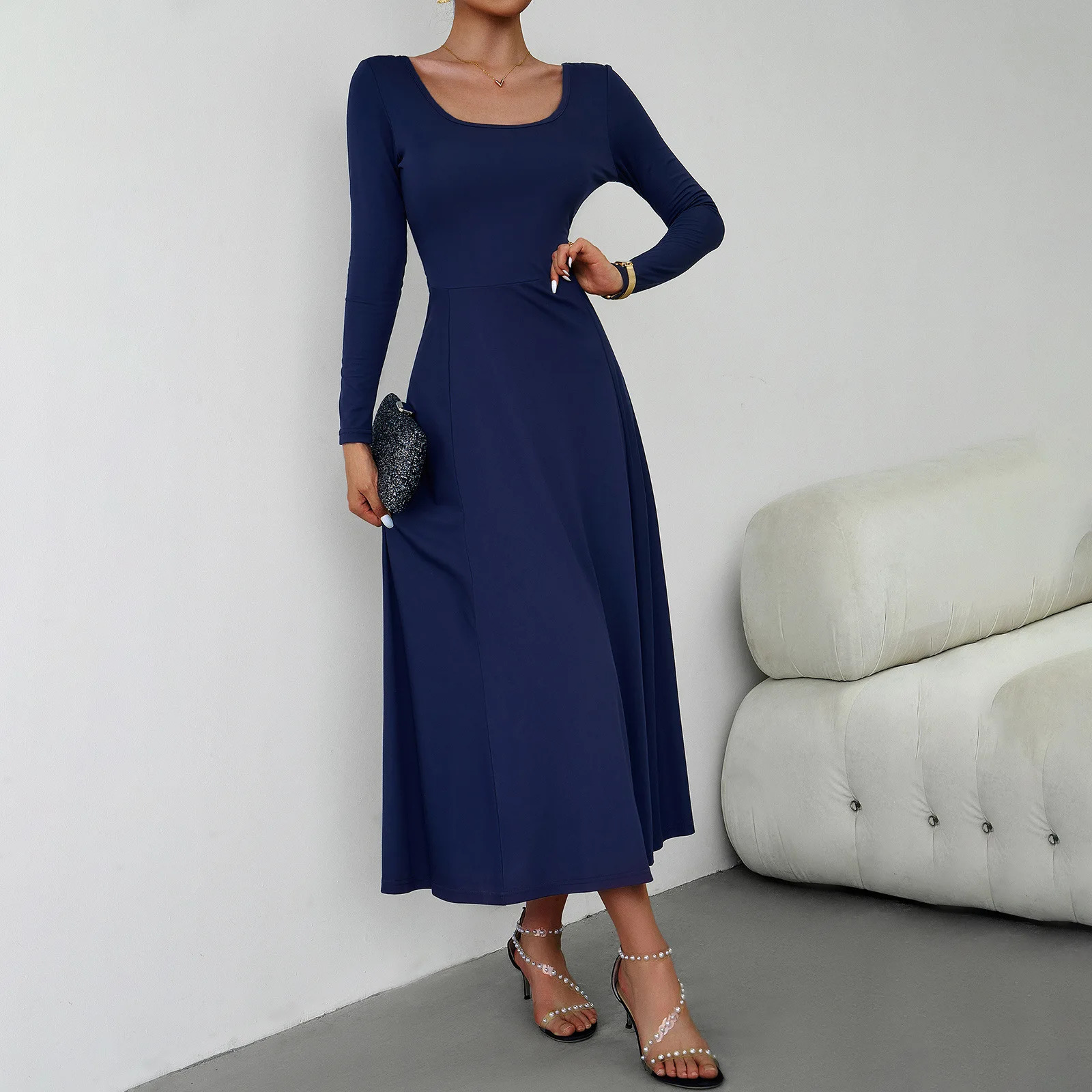 2025 Spring Autumn Womens Long Sleeve Dress Solid Color O-neck Womens Long Dress Small-waisted Womens Slim-fit Dresses 250121
