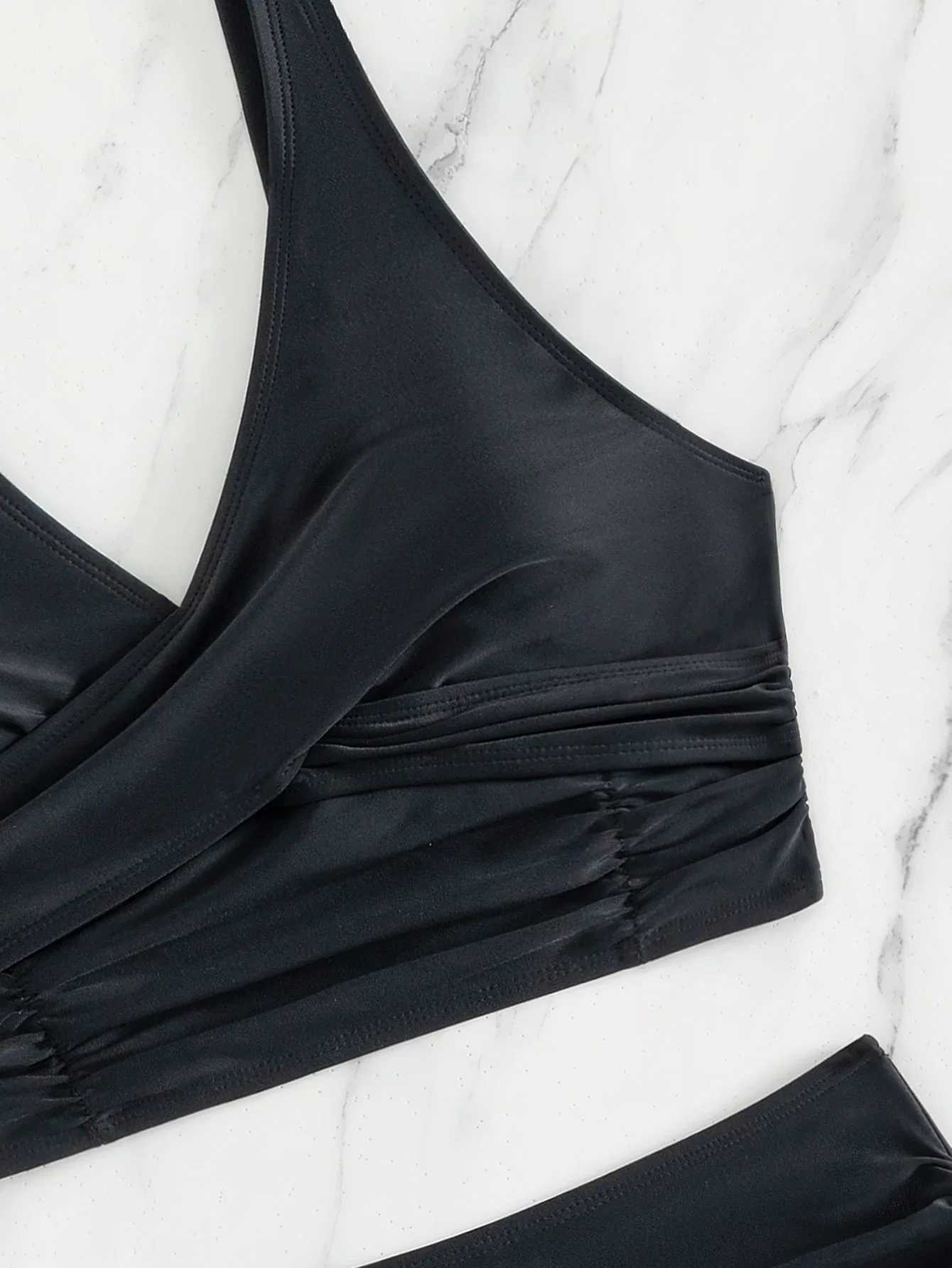 Summer Women V Neck Black Bikini Set High Waist Straps Swimwear for Women Backless 2 Piece Beach Swimsuit Bathing SuitXJ250120