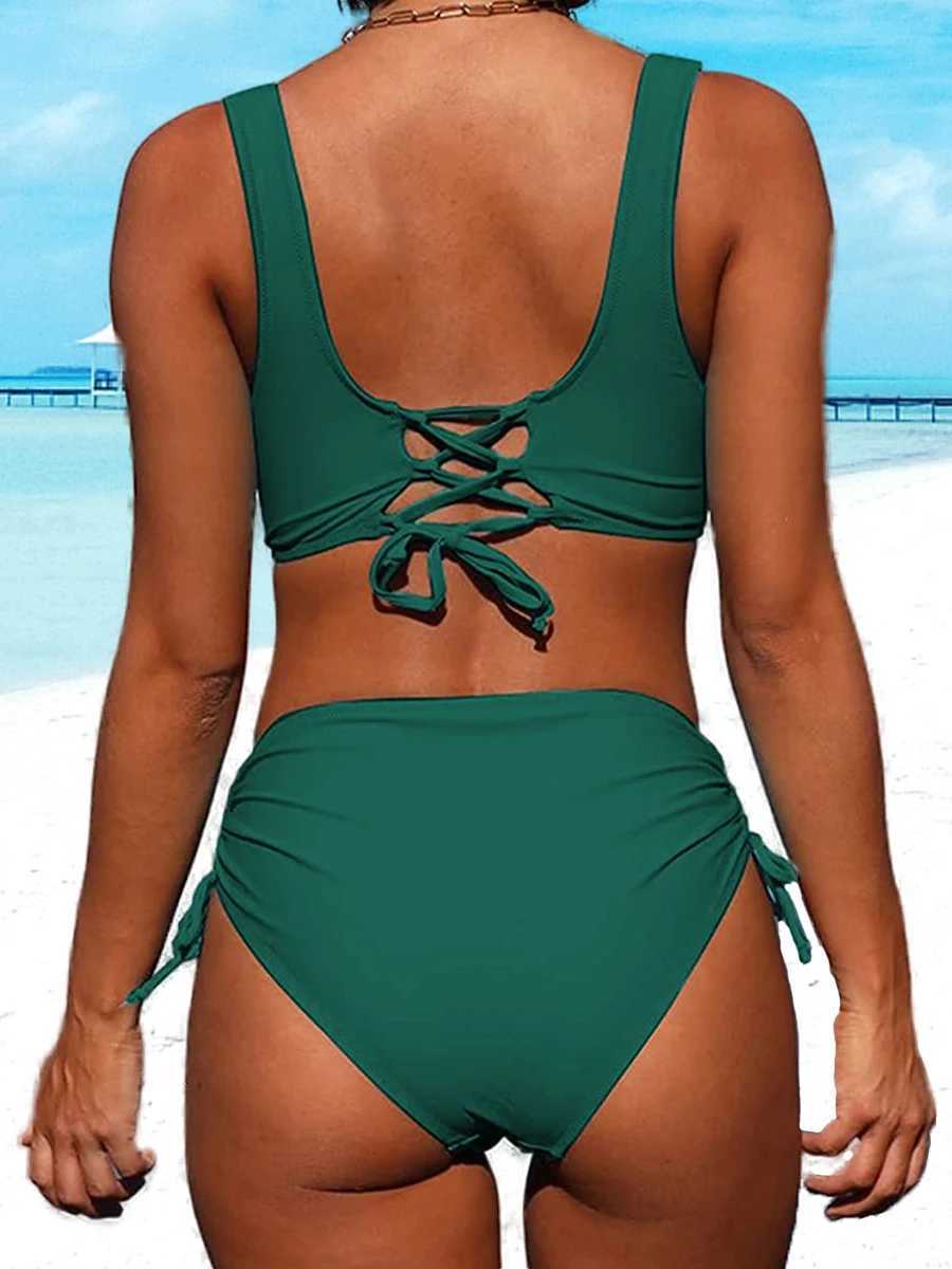 Drstring High Waist Bikini 2023 Women Solid Swimwear Fe Cross Front Swimsuit Padded Beachwear Bather Bathing Swimming SuitXJ250120