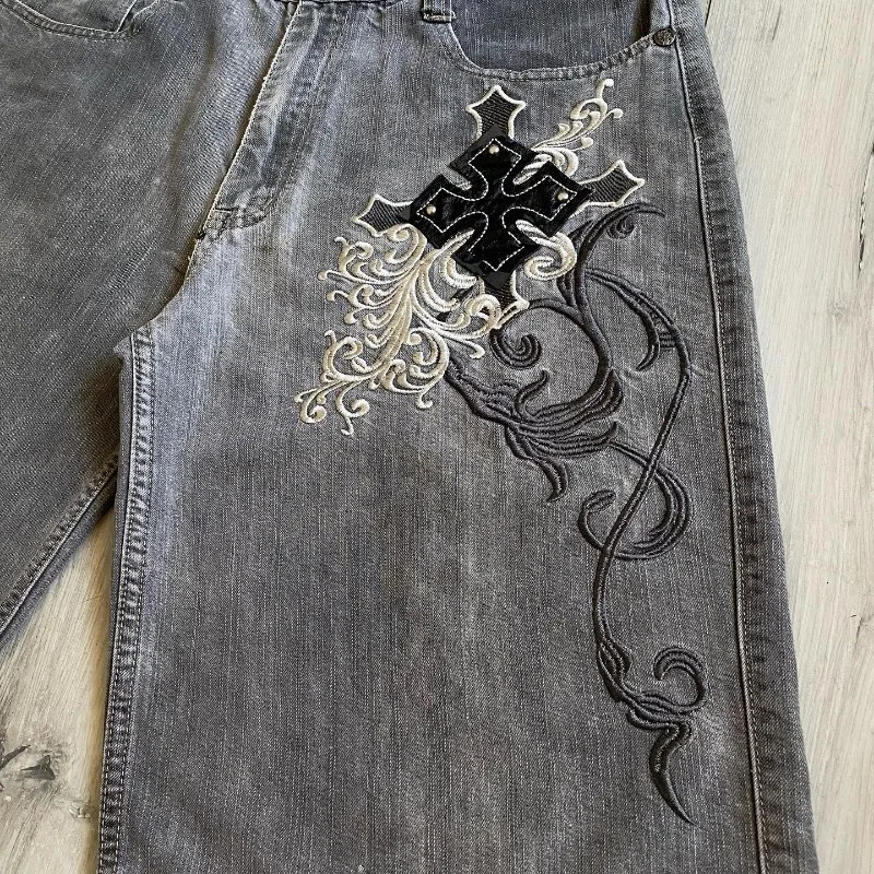 Y2K fashion trend letter embroidered pocket denim shorts women Harajuku retro casual clown high waist wide leg shorts 250110