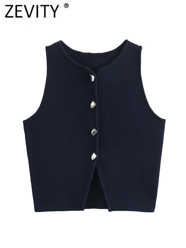 Zevity Women Basic O Neck Hem Hole Knitting Slim Short Blouse Female Chic Sleeveless Buttons Vest Shirt Blusas Crop Tops LS6236 250121