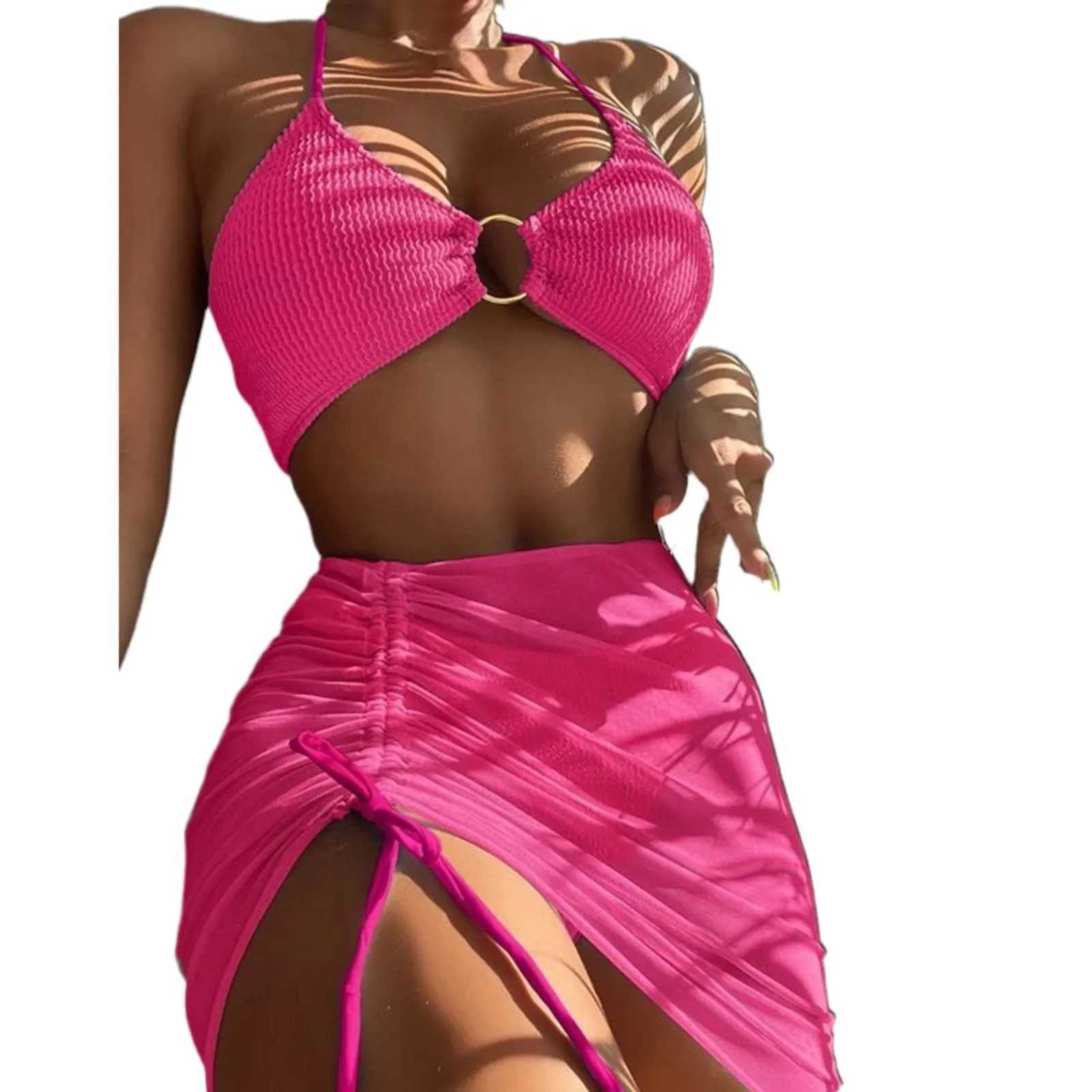 WomenS Bathing Suits 3 Piece Halter Ring Bikini Set With Cover Up Skirt And Bikini Split Swimsuit Fe Summer Beach WearXJ250120