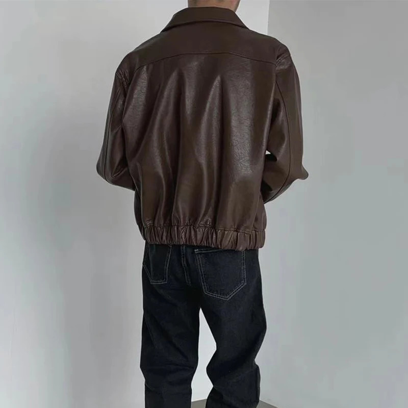Vintage PU Leather Jackets Men Autumn Fashionable Solid Color Lapel Zip-up Leather Coats Men Stylish Loose Long Sleeve PU Jacket 250120