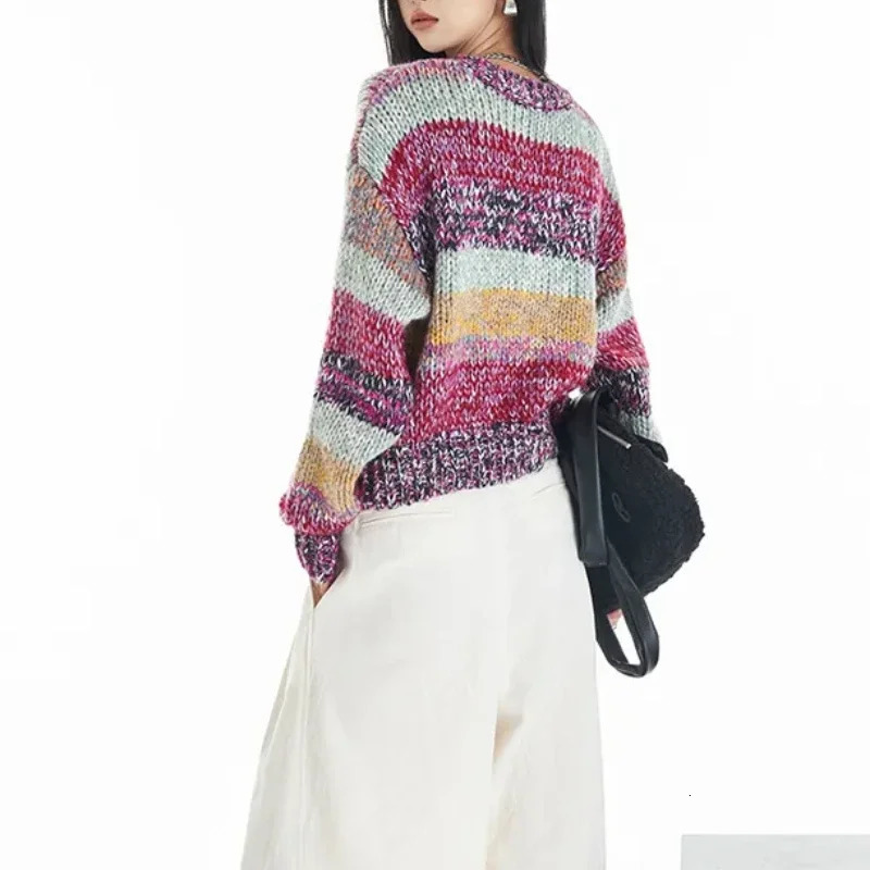 Striped Multi Color Sweater Knitted Crew Neck Jumper Drop Shoulder Rainbow Knitwear AutumnWinter Woman Clothing 250114