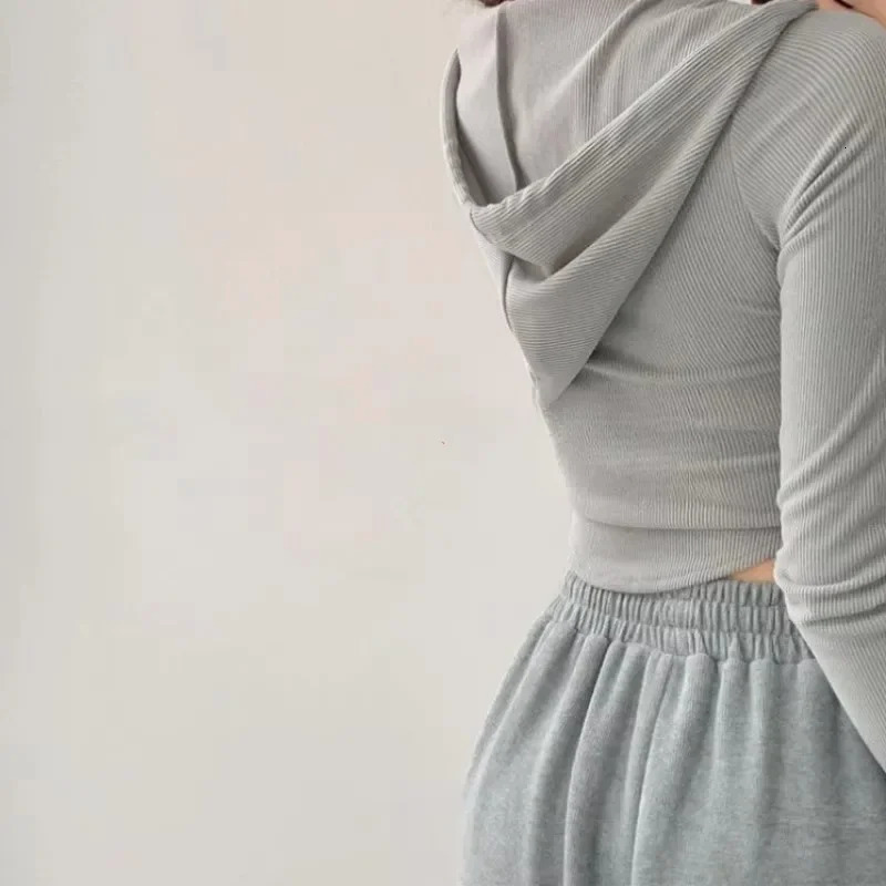 Thin Hooded Cardigan Women Vintage Slim Solid Sports Jacket Vertical Pit Stripe Zipper Female Sexy Korean Cropped Tops 250122