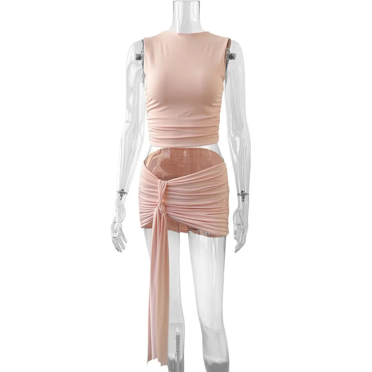 Selling Womens Bodycon Skirt Sexy Round Neck Sleeveless Ruffles Fashionable Casual Two-Piece Suit 250109