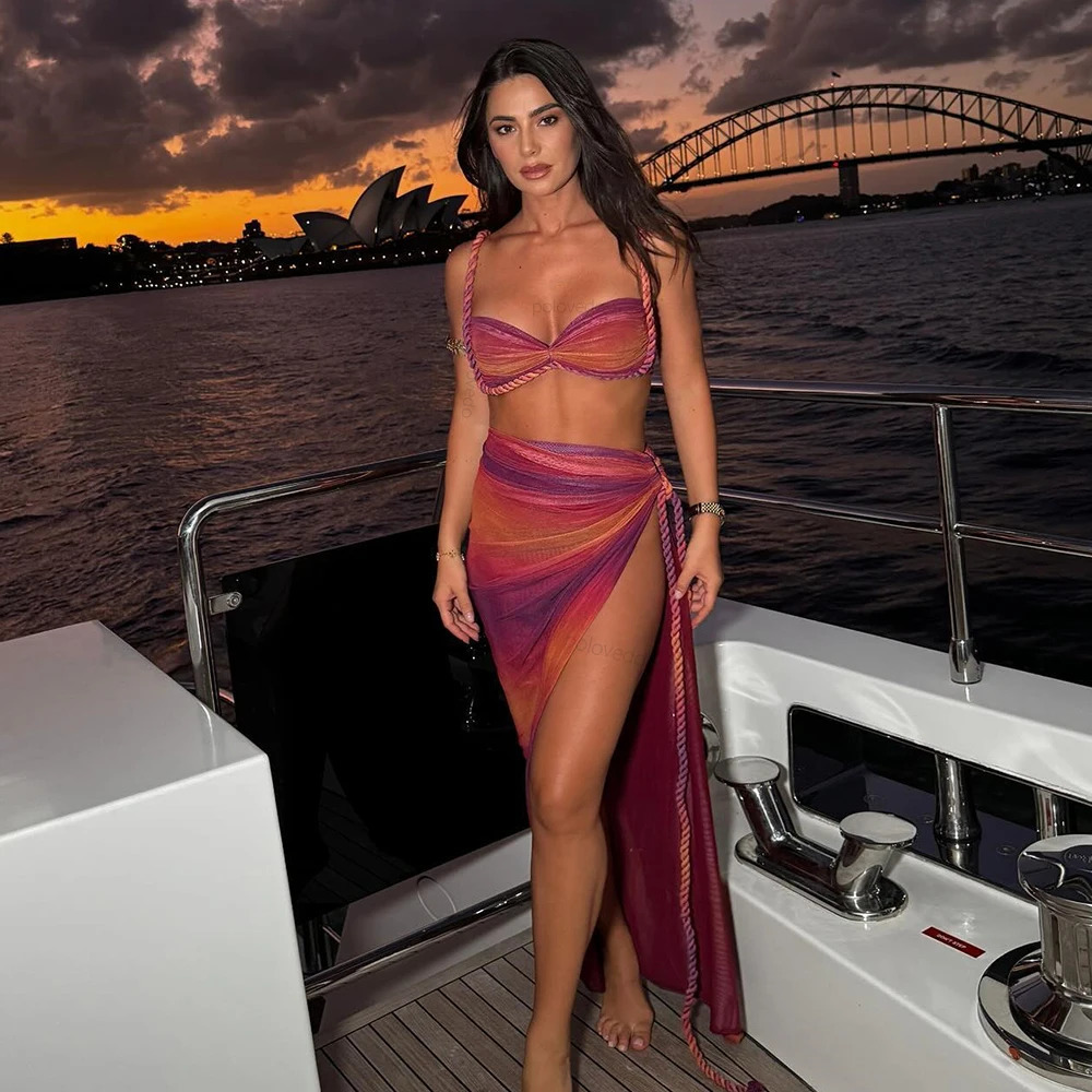 Sexy Gradient 3 Pieces Bikini Set With Cover Up Push Up Bikinis Women Swimsuit Female Swimwear Long Skirt Bathing Suit Beachwea 250122
