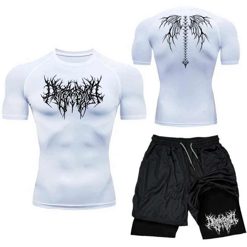 New compression set Y2K printing mens sportswear quick drying gym shorts+shirt 2PCS running exercise summer Rashguade sportswear X250129