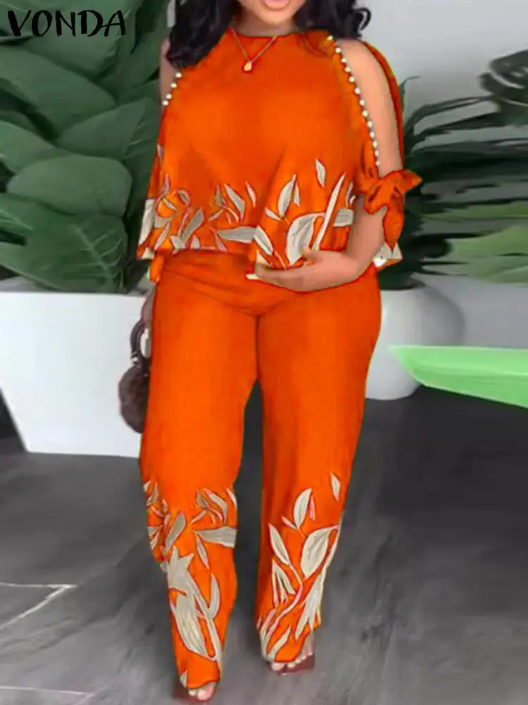 VONDA Womens Fashion Pants Set Summer Cold Shoulder Casual Loose 3/4 Sleeve Top Retro Printed Bohemian Set 250118