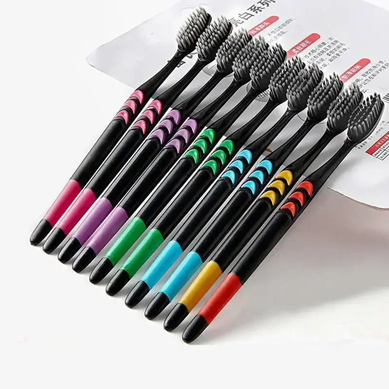 10 Pieces Packed Soft Bristle Bamboo Charcoal Black Hair UltraFine Beauty Toothbrush Couple Suit Oral Cleaning Tools y250115